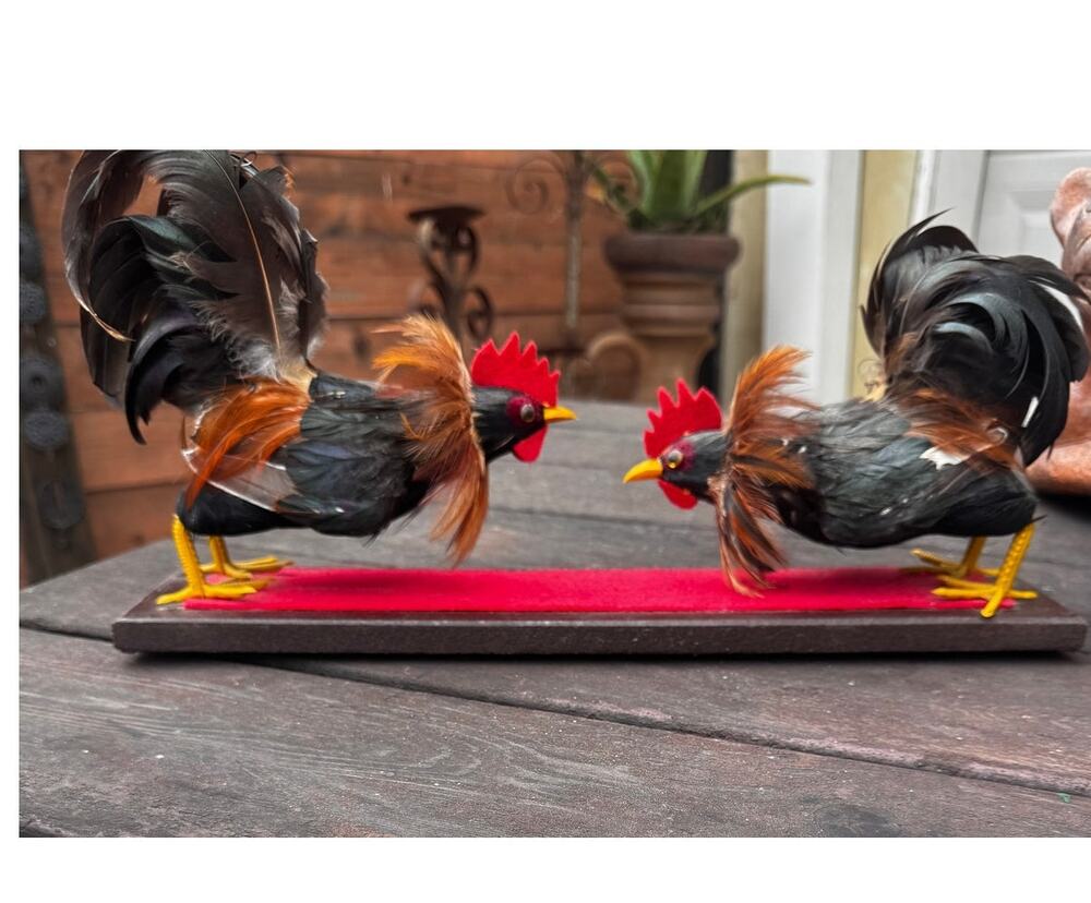 70's Vintage Feather Rooster Figurines – Handcrafted Folk Art - Standing Display